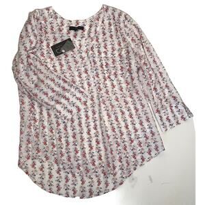Fred David Floral Top V Neck Pull Over Blouse Button Up 3/4 Sleeve Large